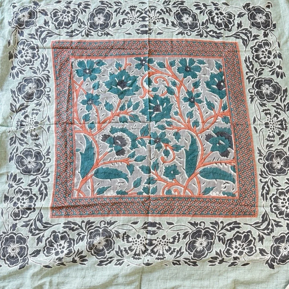 Boho Scarf Blue Coral Floral Metallic Cotton Fringe Festival Hippie India New - Picture 3 of 4